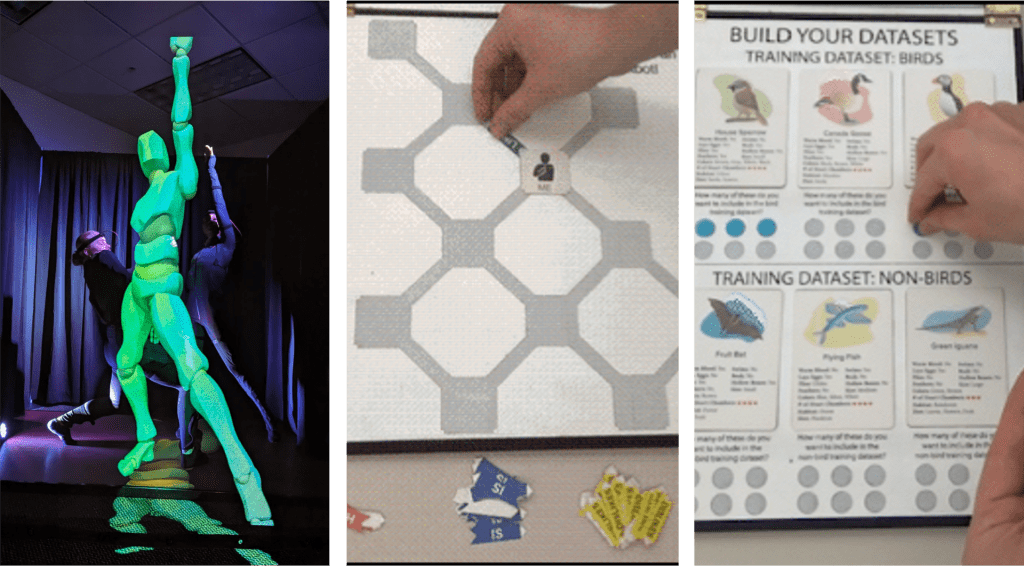Image of three exhibit prototypes at the basis of this grant. Left: LuminAI, center: Knowledge Net; right: Creature Features.