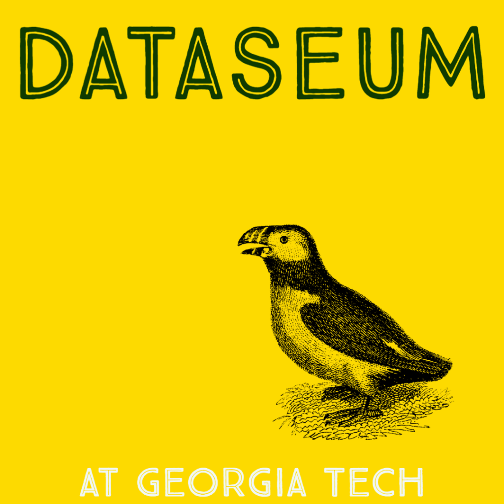 Yellow square logo for the Dataseum featuring a sketch of a puffin in the lower right corner, the word Dataseum in black text across the top in a stylized font, and the words "at Georgia Tech" in white stylized font along the bottom.