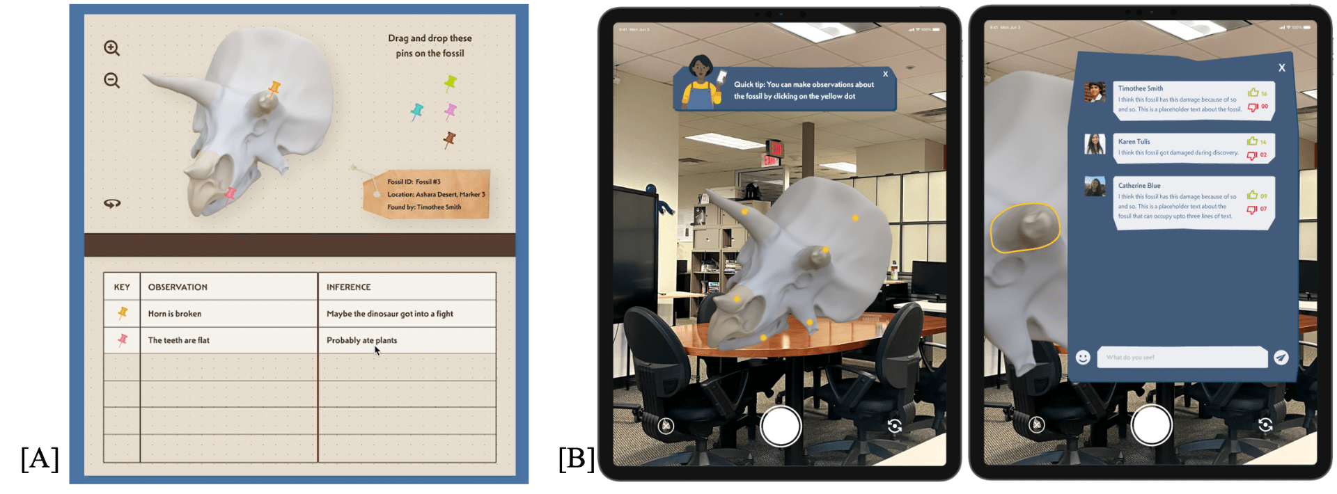 3-part Screen captures of AR platform. Left image is a scientific journal with a triceratops skull and blank spaces for observations and inferences. Center and left images show the triceratops skull overlaid on a conference table and a mockup of a student conversation, respectively.